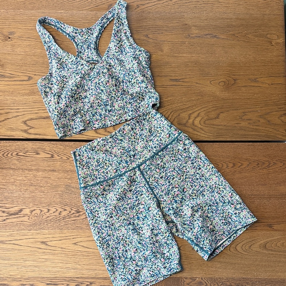 Sage Floral Patterned Sports Bra and Shorts